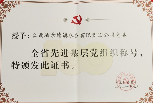喜报！景德镇水务公司党委被评为“全省先进基层党组织”荣誉称号